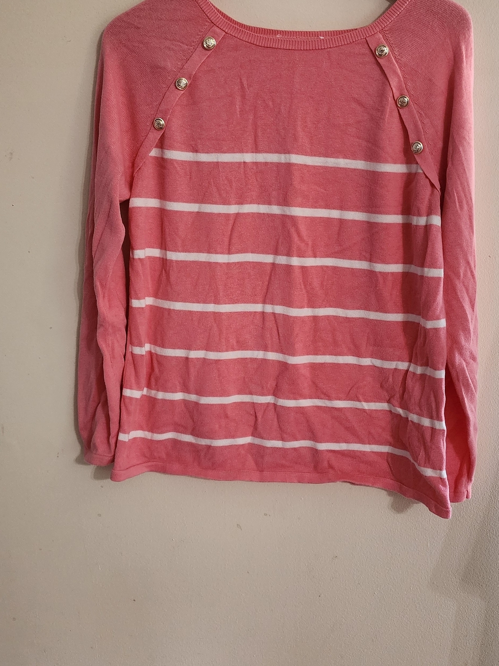 Boden Pink & White Striped Cotton Blend Knit Sweater Gold Button Accents Sz M